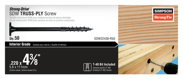 Simpson SDW22438-R50 Strong-Drive SDW TRUSS-PLY Screw — .220 in. x 4-3/8 in. T40 6-Lobe E-coat 50-Qty