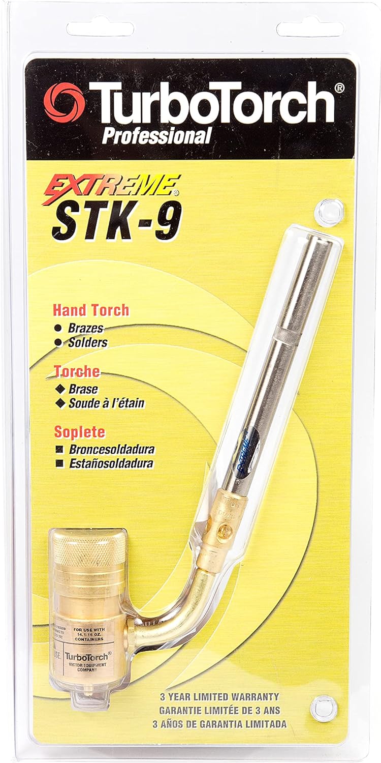 TURBOTORCH 0386-0403 STK-9 Hand Torch Kit for Soft Soldering and Brazing Copper, Brass, Steel, Bronze, Aluminum, Propane/Mapp Pro, Extreme Swirl Technology, 360 Degree, STK-R Regulator, ST-3 Tip