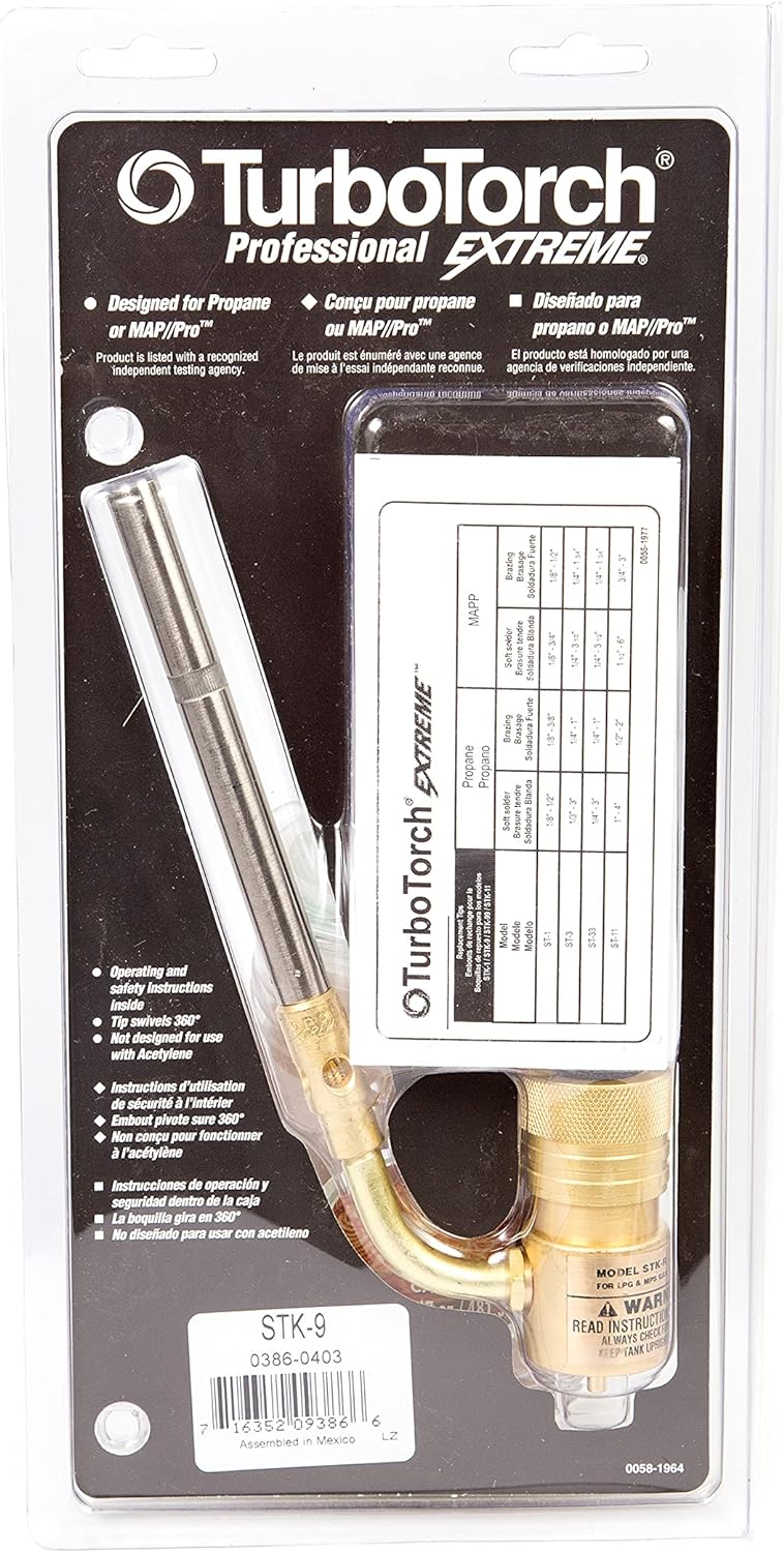 TURBOTORCH 0386-0403 STK-9 Hand Torch Kit for Soft Soldering and Brazing Copper, Brass, Steel, Bronze, Aluminum, Propane/Mapp Pro, Extreme Swirl Technology, 360 Degree, STK-R Regulator, ST-3 Tip