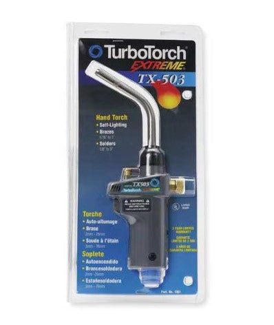 TURBOTORCH 0386-1297 TX503 Self-Lighting Hand Torch for Brazing, Heating, Soldering, Air/Propane/MAP-Pro, Extreme Swirl Technology, Quick Disconnect, Brazes 1/16" to 1/2", Solders 1/8" to 1-3/4"