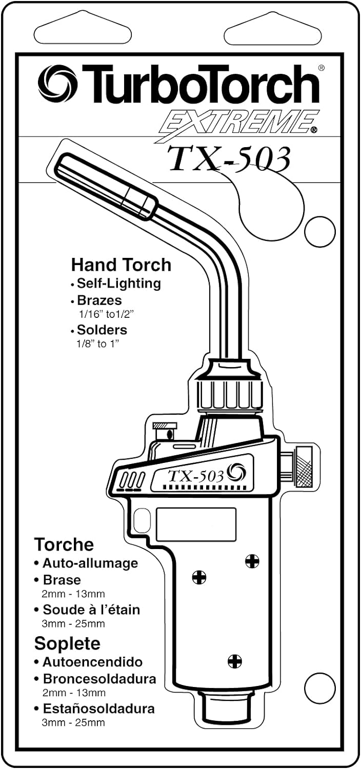 TURBOTORCH 0386-1297 TX503 Self-Lighting Hand Torch for Brazing, Heating, Soldering, Air/Propane/MAP-Pro, Extreme Swirl Technology, Quick Disconnect, Brazes 1/16" to 1/2", Solders 1/8" to 1-3/4"