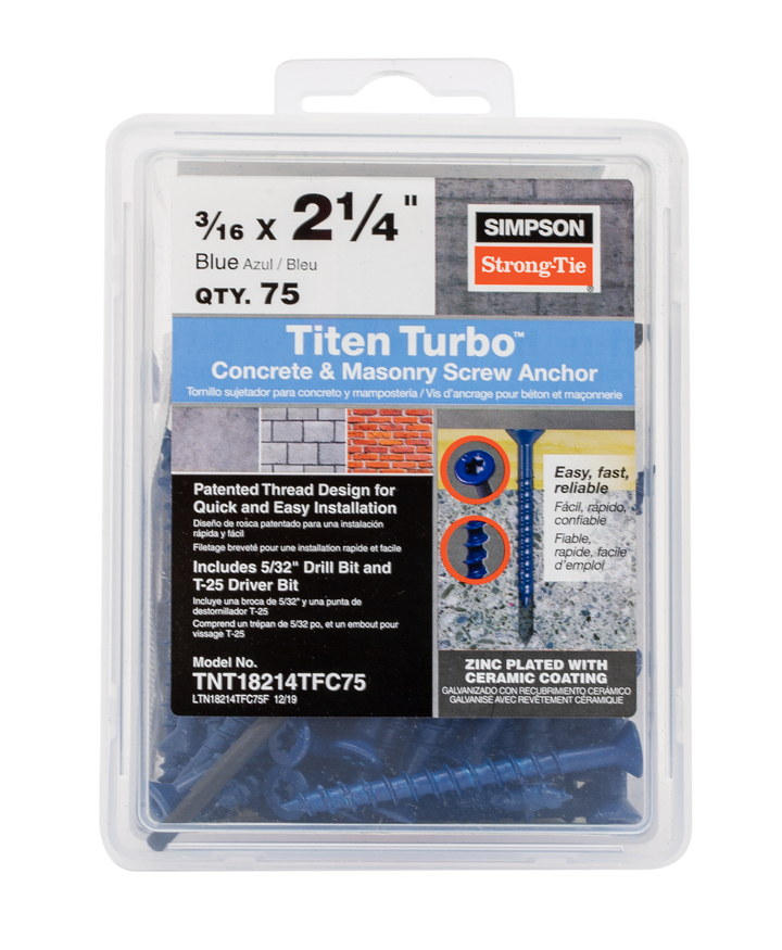 Simpson TNT18214TFC75 Titen Turbo — 3/16 in. x 2-1/4 in. 6-Lobe Flat-Head Concrete and Masonry Screw, Blue 75-Qty