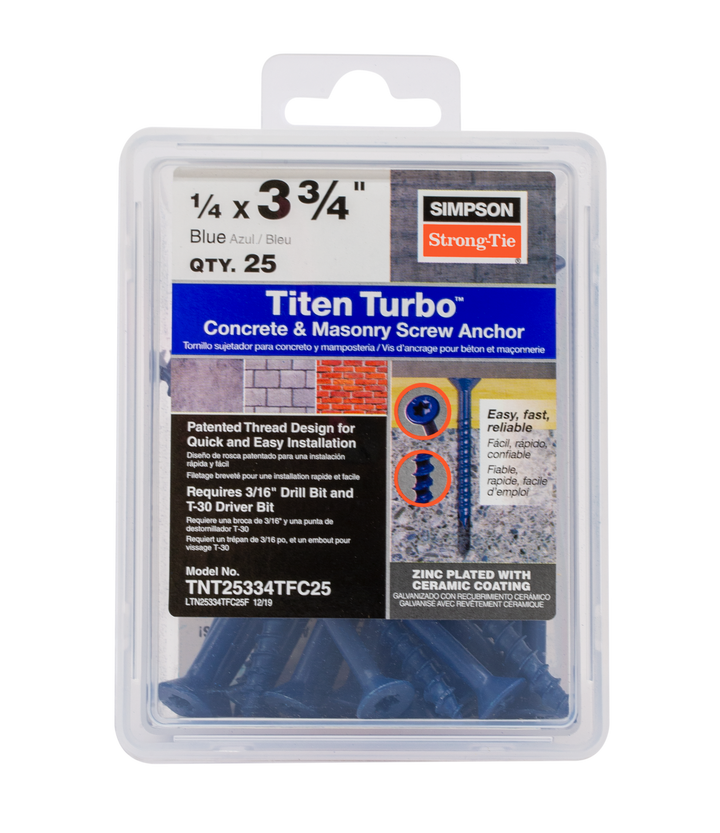 Simpson TNT25334TFC25 Titen Turbo — 1/4 in. x 3-3/4 in. 6-Lobe Flat-Head Concrete and Masonry Screw, Blue 25-Qty