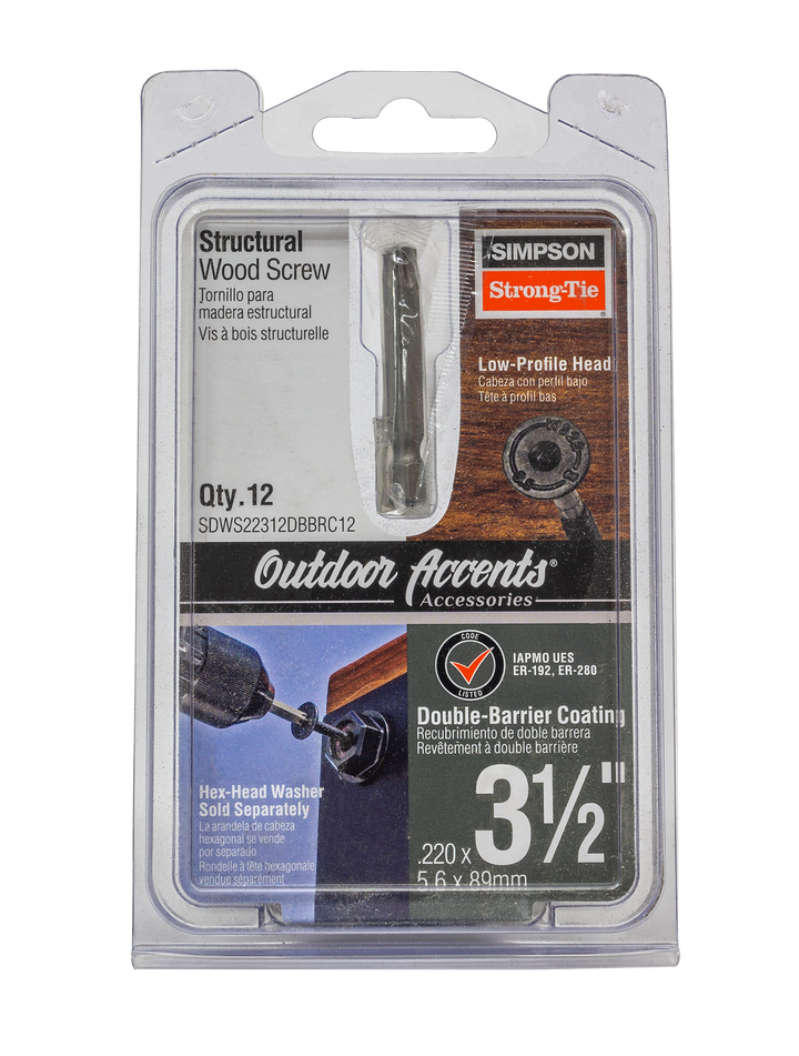 Simpson SDWS22312DBBRC12 Outdoor Accents Structural Wood Screw — .220 in. x 3-1/2 in. DB Coating, Black 12-Qty