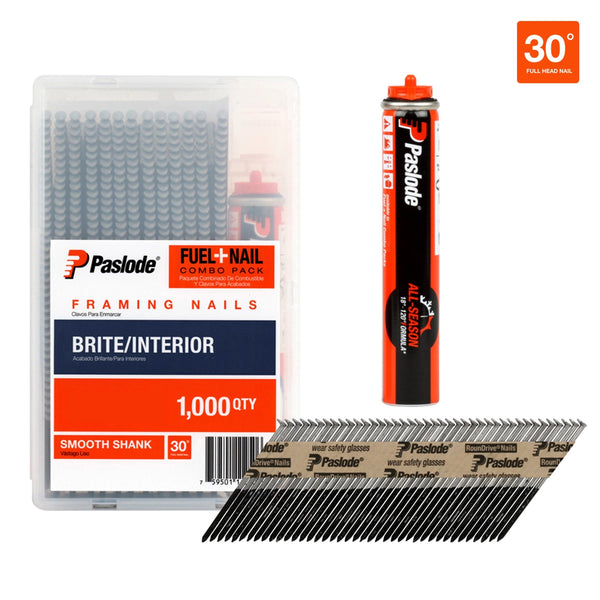Paslode 650566 3 in. x .131 Brite 30 Degree RounDrive Framing Fuel + Nail Pack (3000/Box)