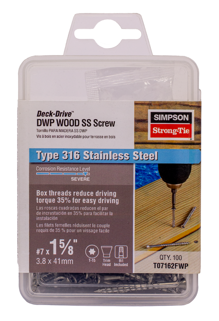 Simpson T07162FWP Deck-Drive DWP WOOD SS Screw — #7 x 1-5/8 in. T-15, Trim Head, Type 316 100-Qty