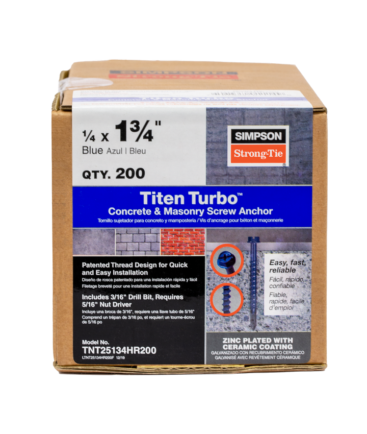 Simpson TNT25134HR200 Titen Turbo — 1/4 in. x 1-3/4 in. Hex-Head Concrete and Masonry Screw, Blue 200-Qty