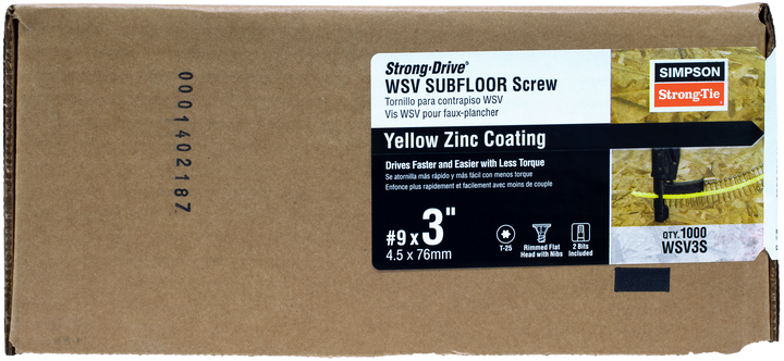 Simpson WSV3S Strong-Drive WSV SUBFLOOR Screw Collated — #9 x 3 in. T-25, Yellow-Zinc 1000-Qty