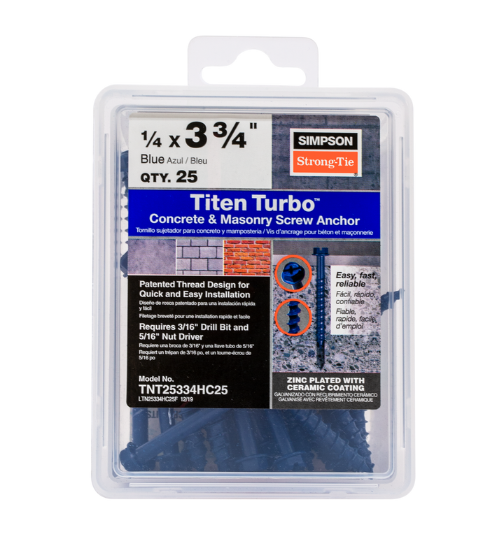 Simpson TNT25334HC25 Titen Turbo — 1/4 in. x 3-3/4 in. Hex-Head Concrete and Masonry Screw, Blue 25-Qty