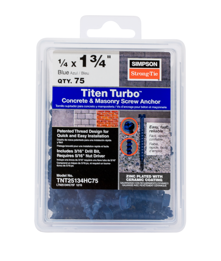 Simpson TNT25134HC75 Titen Turbo — 1/4 in. x 1-3/4 in. Hex-Head Concrete and Masonry Screw, Blue 75-Qty