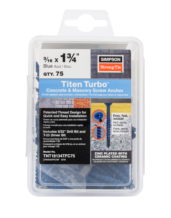 Simpson TNT18134TFC75 Titen Turbo — 3/16 in. x 1-3/4 in. 6-Lobe Flat-Head Concrete and Masonry Screw, Blue 75-Qty