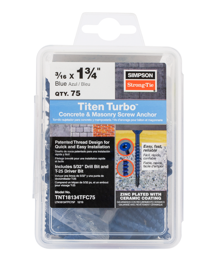 Simpson TNT18134TFC75 Titen Turbo — 3/16 in. x 1-3/4 in. 6-Lobe Flat-Head Concrete and Masonry Screw, Blue 75-Qty