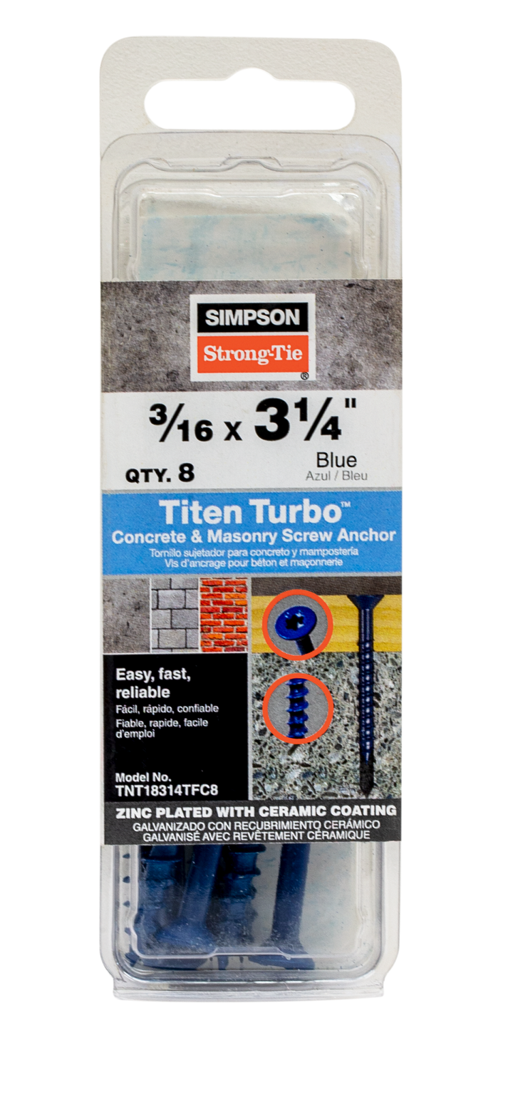 Simpson TNT18314TF Titen Turbo — 3/16 in. x 3-1/4 in. 6-Lobe Flat-Head Concrete and Masonry Screw, Blue 100-Qty