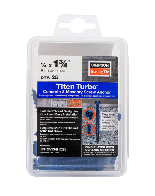 Simpson TNT25134HC25 Titen Turbo — 1/4 in. x 1-3/4 in. Hex-Head Concrete and Masonry Screw, Blue 25-Qty