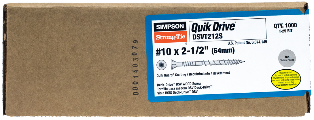 Simpson DSVT212S Deck-Drive DSV WOOD Screw Collated — #10 x 2-1/2 in. T25 6-Lobe, Tan 1000-Qty