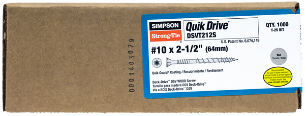 Simpson DSVT212S Deck-Drive DSV WOOD Screw Collated — #10 x 2-1/2 in. T25 6-Lobe, Tan 1000-Qty