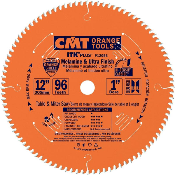 CMT Orange Tools P12096 1" Bore ITK Melamine & Ultra Finish Saw Blade, 12" x 96 Teeth