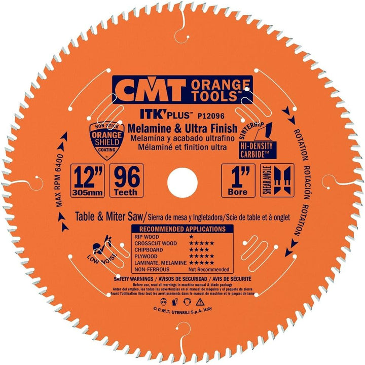 CMT Orange Tools P12096 1" Bore ITK Melamine & Ultra Finish Saw Blade, 12" x 96 Teeth