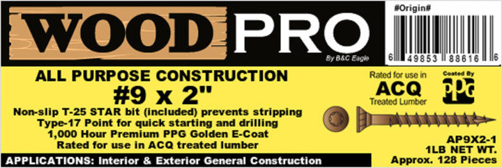 WoodPro AP9X2-1 #9 x 2 in. Gold Finish Wood Screws, 132/Box