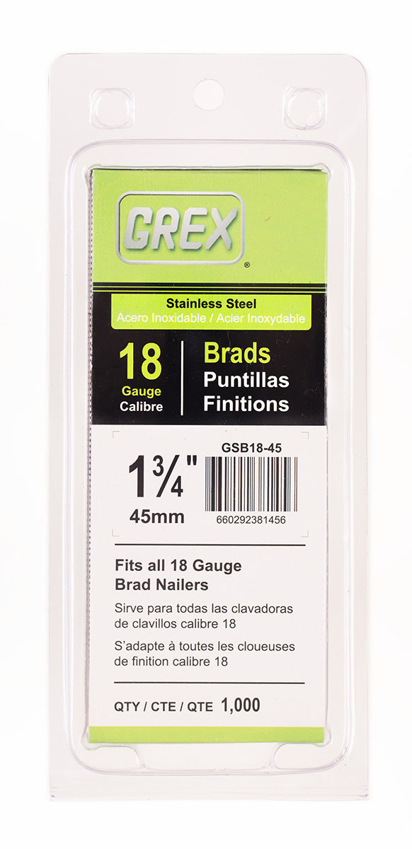 Grex GSB18-45 18-Gauge 1-3/4 in. Stainless Steel Brad Nails, 1,000/Box