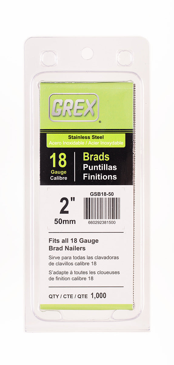 Grex GSB18-50 18-Gauge 2 in. Stainless Steel Brad Nails, 1,000/Box
