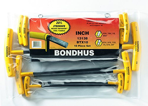 Bondhus 13138 Set of 10 Balldriver & Hex T-handles, sizes 3/32-3/8"
