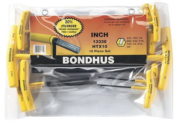 Bondhus 13338 Standard Hex End T-Handle Hex Key, 10 Piece Set