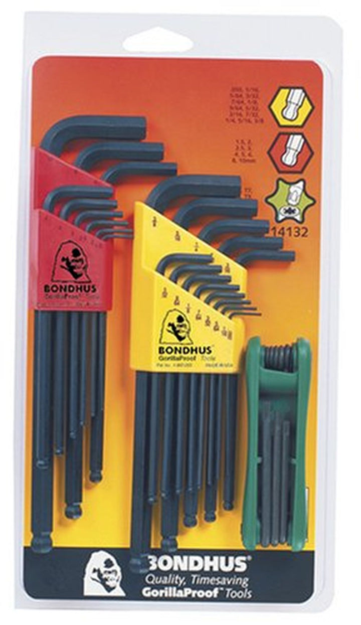 Bondhus 14132 ProGuard Finish Ball End and Torx Tip L-Wrench Hex Key, 30 Piece Set