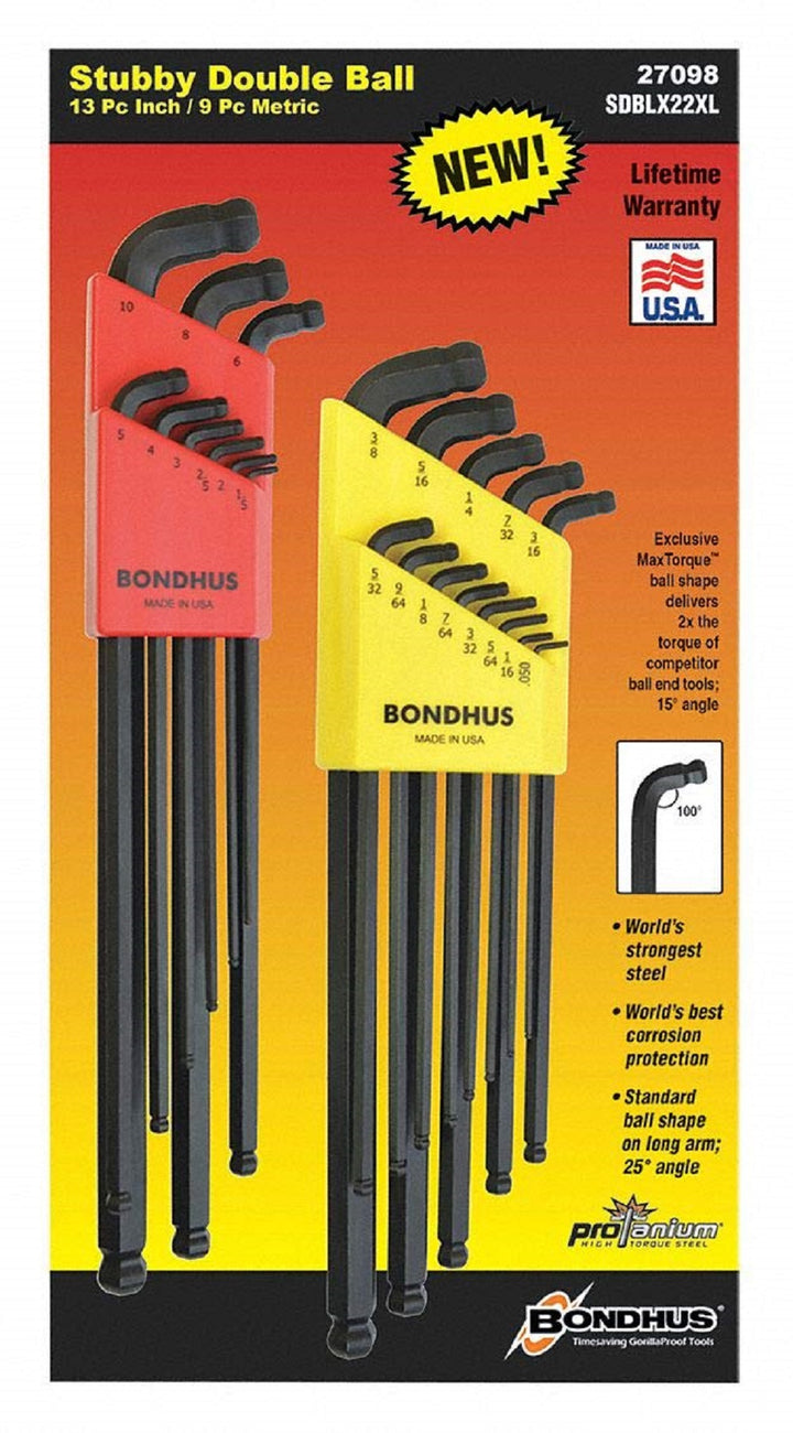 Bondhus 27098 Set of 22 Stubby Double Ball End L-Wrenches XL Double Pk