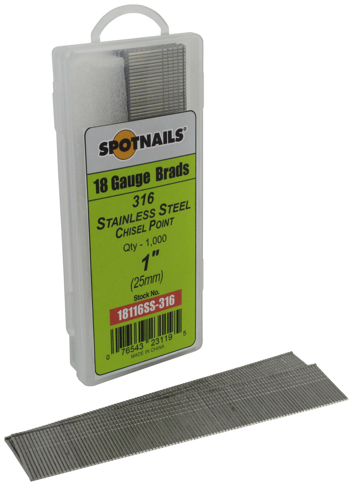 Spotnails 18116SS-316 1 in. 316 Stainless Steel 18 Gauge AX Style Brads, 1,000/Box