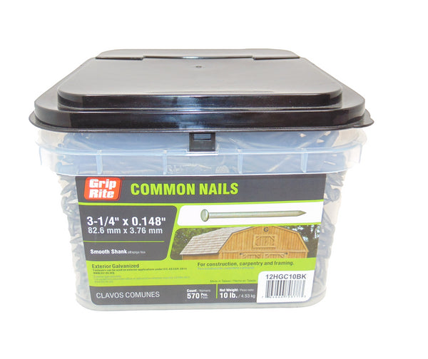 Grip Rite 12HGC10BK 3-1/4-inch by .148 Exterior Galvanized Smooth Shank Bulk Common Nails 570 count, 10lbs.