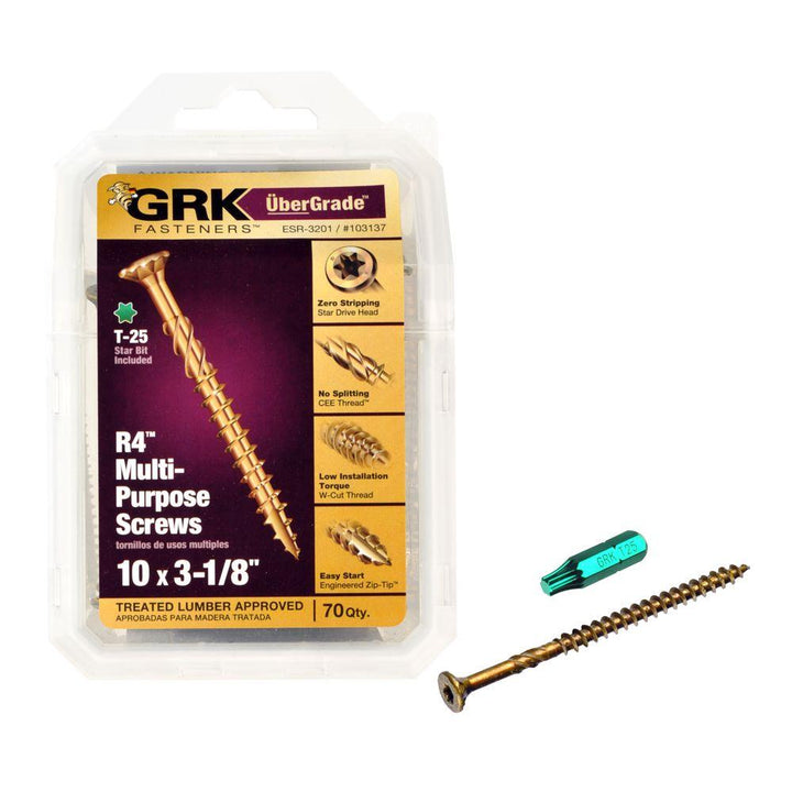 GRK Screws 103137 #10x3-1/8 Star Drive Bugle Head Climatek Coated Steel R4 Multi-Purpose Screws, 70/Box