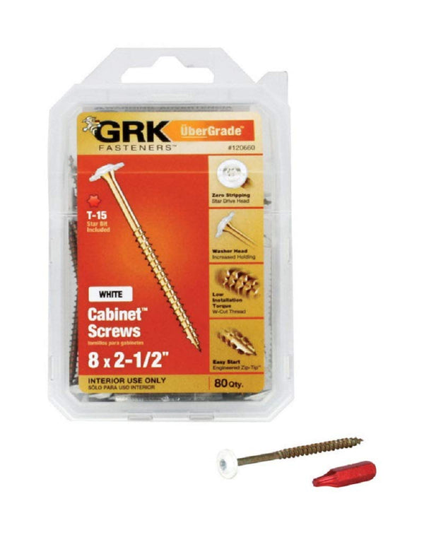 GRK Screws 120660 #8x2-1/2 Star Drive Washer Head White Steel Low Profile Cabinet Screws, 80/Box