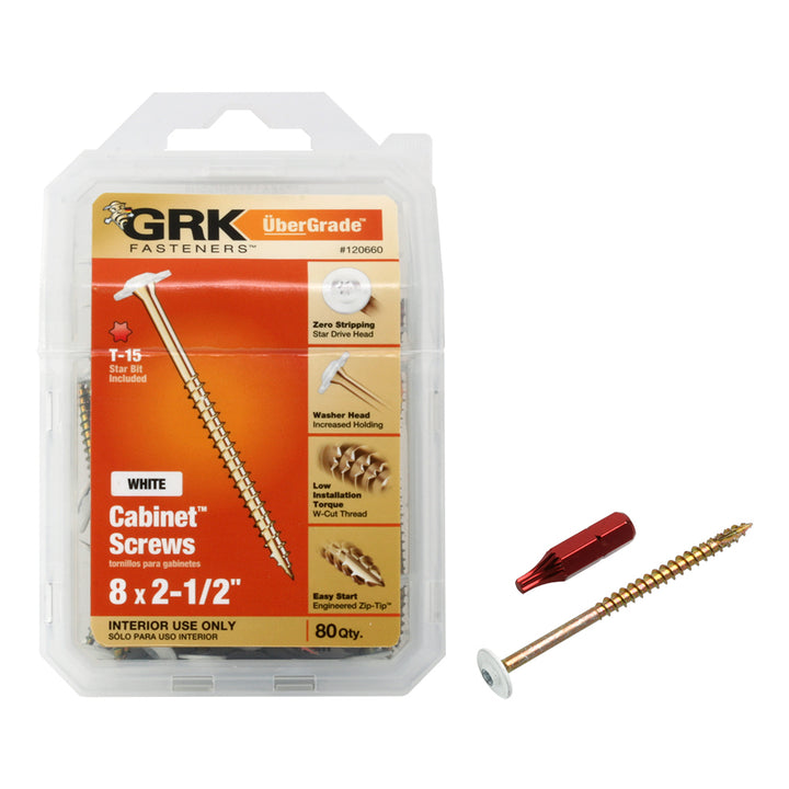 GRK Screws 120660 #8x2-1/2 Star Drive Washer Head White Steel Low Profile Cabinet Screws, 80/Box