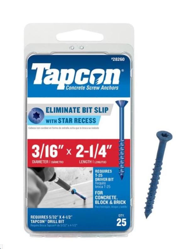 Tapcon 28260 3/16x2-1/4 Blue Star Drive Bugle Head Concrete Anchors 25/Box