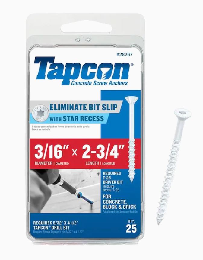 Tapcon 28267 3/16x2-3/4 White Star Drive Bugle Head Concrete Anchors 25/Box