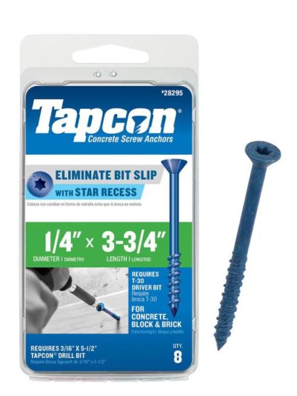 Tapcon 28295 1/4x3-3/4 Blue Star Drive Bugle Head Concrete Anchors 8/Box