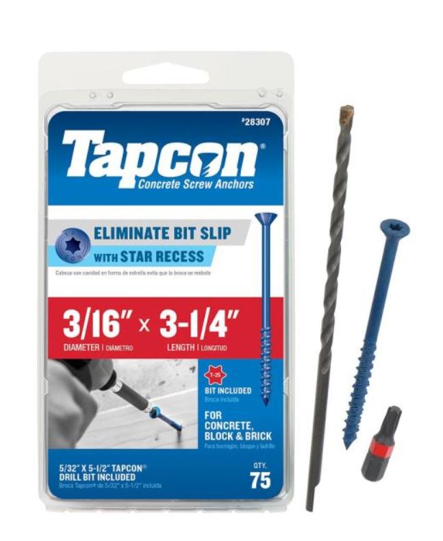 Tapcon 28307 3/16x3-1/4 Blue Star Drive Bugle Head Concrete Anchors 75/Box