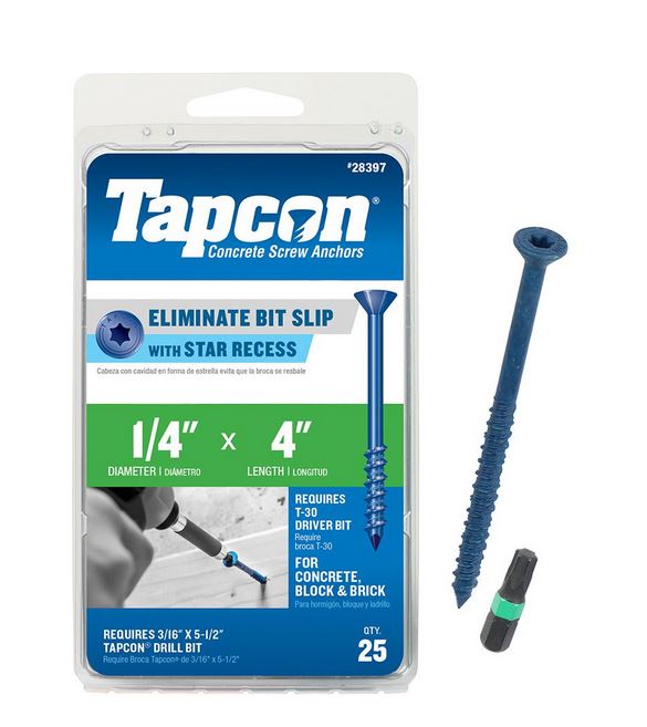 Tapcon 28397 1/4x4 Blue Star Drive Bugle Head Concrete Anchors 25/Box