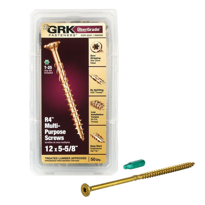 GRK Screws 96089 #12x5-5/8 Star Drive Flat Head Climatek Coated Steel R4 Multi-Purpose Screws, 50/Box