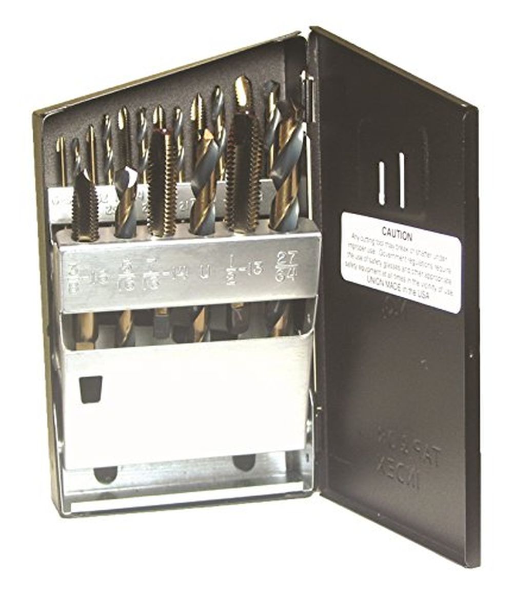 Viking Drill and Tool 57580 Gold Oxide Tungsten Spiral Point Plug Style Drill/Tap Set with Metal Case, 18 Piece Set