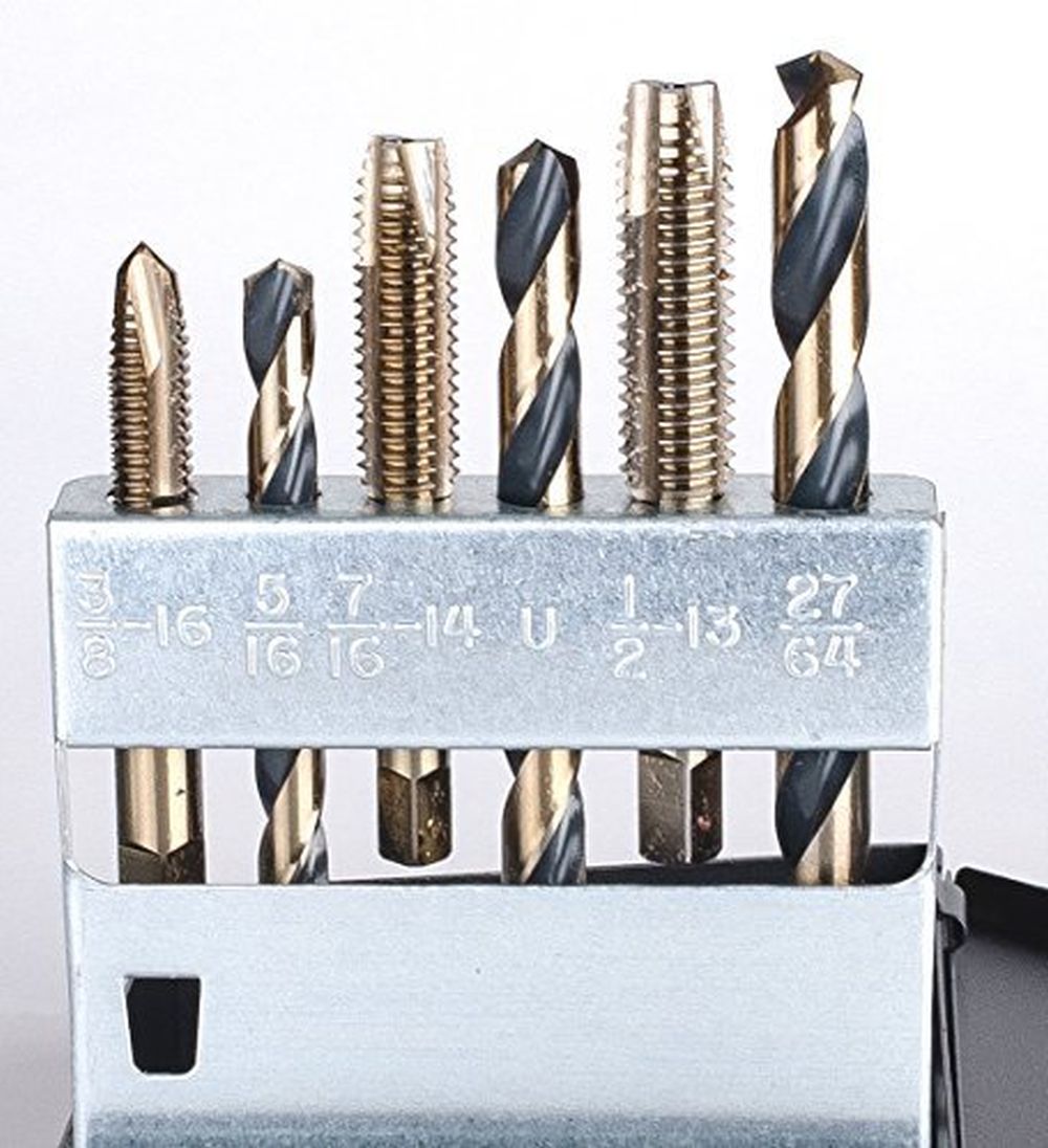 Viking Drill and Tool 57580 Gold Oxide Tungsten Spiral Point Plug Style Drill/Tap Set with Metal Case, 18 Piece Set