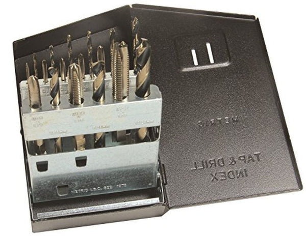 Viking Drill and Tool 57990 Metric Gold Oxide Tungsten Spiral Point Plug Style Drill/Tap Set with Metal Case, 18 Piece Set
