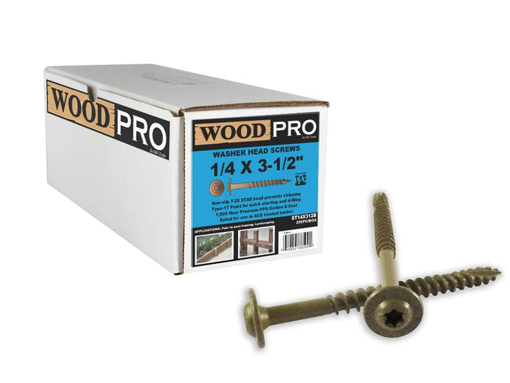 WoodPro Fasteners ST14X312B 1/4-Inch by 3-1/2-Inch Length Round Washer Head Exterior Wood Screws, 250-Pack , Gold