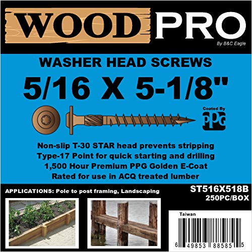 WoodPro Fasteners ST516X518B 5/16-Inch by 5-1/8-Inch Length Round Washer Head Exterior Wood Screws, 250-Pack