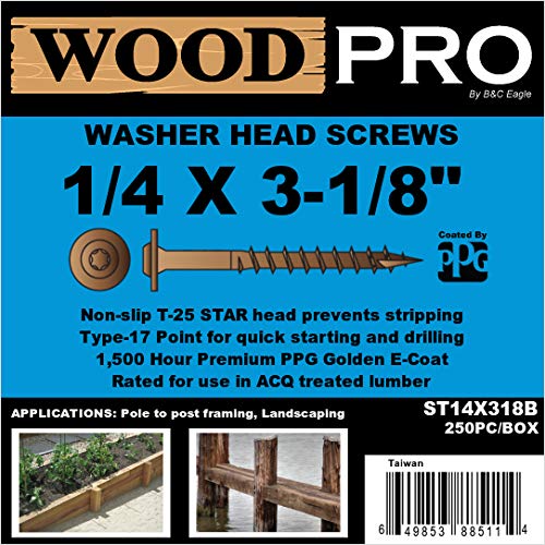 WoodPro Fasteners ST14X318B 1/4-Inch by 3-1/8-Inch Length Round Washer Head Exterior Wood Screws, 250-Pack