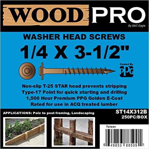 WoodPro Fasteners ST14X312B 1/4-Inch by 3-1/2-Inch Length Round Washer Head Exterior Wood Screws, 250-Pack , Gold