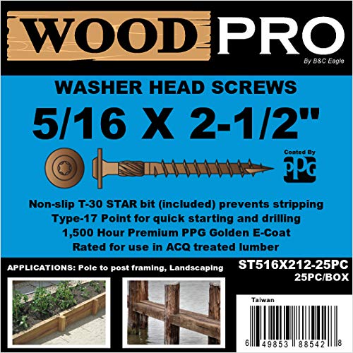 WoodPro Fasteners ST516X212-25PC 5/16-Inch by 2-1/2-Inch Length Round Washer Head Exterior Wood Screws, 25-Pack , Gold