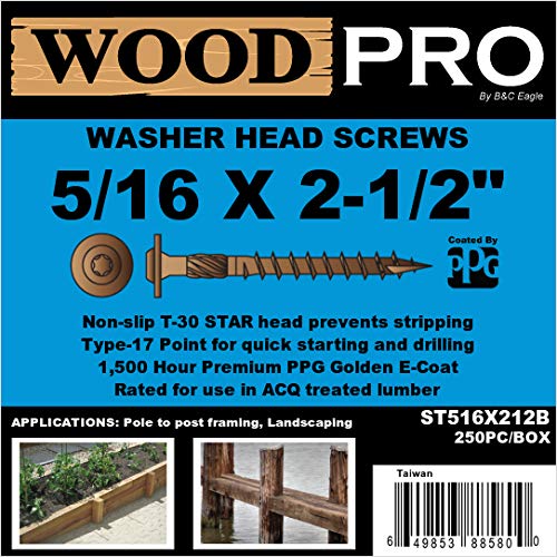 WoodPro Fasteners ST516X212B 5/16-Inch by 2-1/2-Inch Length Round Washer Head Exterior Wood Screws, 250-Pack , Gold