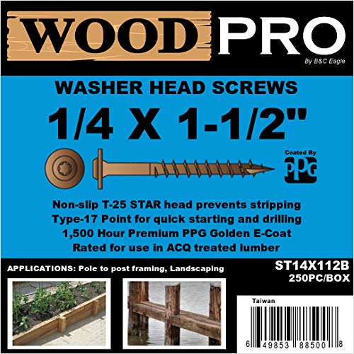 WoodPro Fasteners ST14X112B 1/4-Inch by 1-1/2-Inch Length Round Washer Head Exterior Wood Screws, 250-Pack , Gold